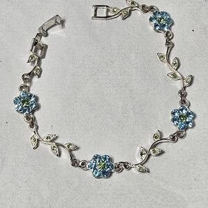 Pretty Feminine Silver-tone Bracelet with Blue Rhinestone Flowers Green Accents